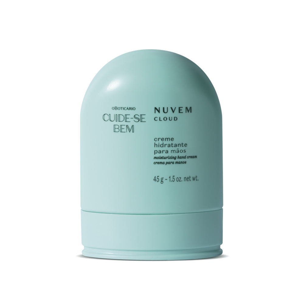 Creme Hidratante para Mãos Nuvem – 50g – Cuide-se Bem – oBoticário, embalagem azul-claro arredondada, fórmula leve e cremosa com fragrância fresca.