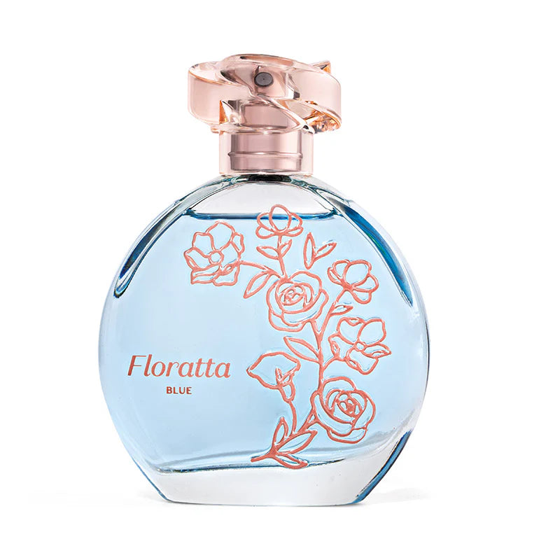 Floratta Blue Eau de Toilette perfume feminino floral musk frasco azul com detalhes florais rosa O Boticário