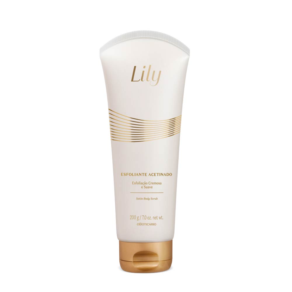 Esfoliante Hidratante Acetinado Lily 200 g – embalagem branca com detalhes dourados e tampa dourada, d’O Boticário.