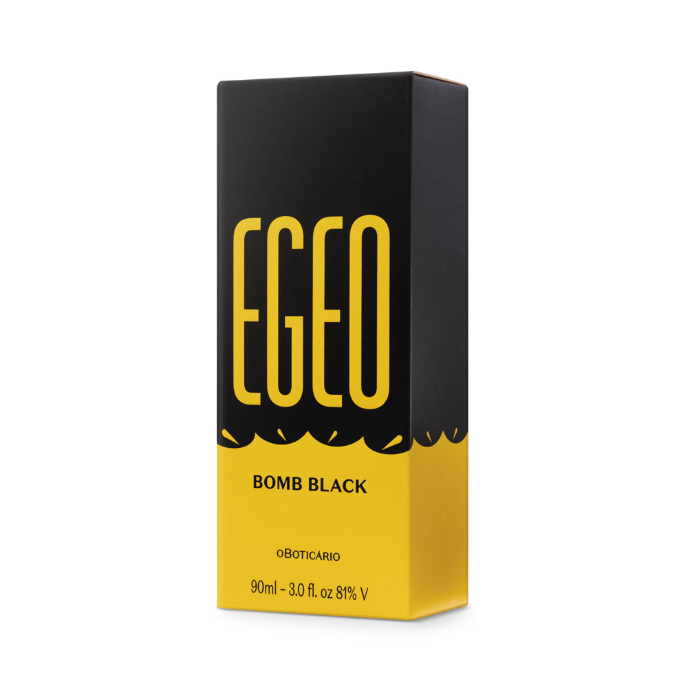 “Caixa do perfume Egeo Bomb Black eau de toilette 90 ml – embalagem preta e amarela com lettering grande Egeo.
