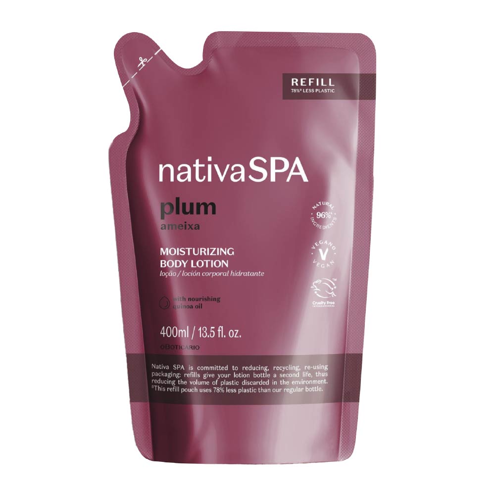 Refil da Loção Hidratante Nativa SPA Ameixa 400 ml – embalagem flexível roxa com rótulo branco e indicação de 75% menos plástico.