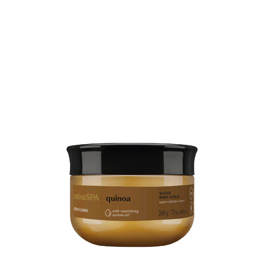 Pote do Açúcar Esfoliante Corporal Nativa SPA Quinoa – 200g – oBoticário, embalagem dourada com tampa preta, indicado para esfoliar e nutrir a pele com óleo de quinoa.