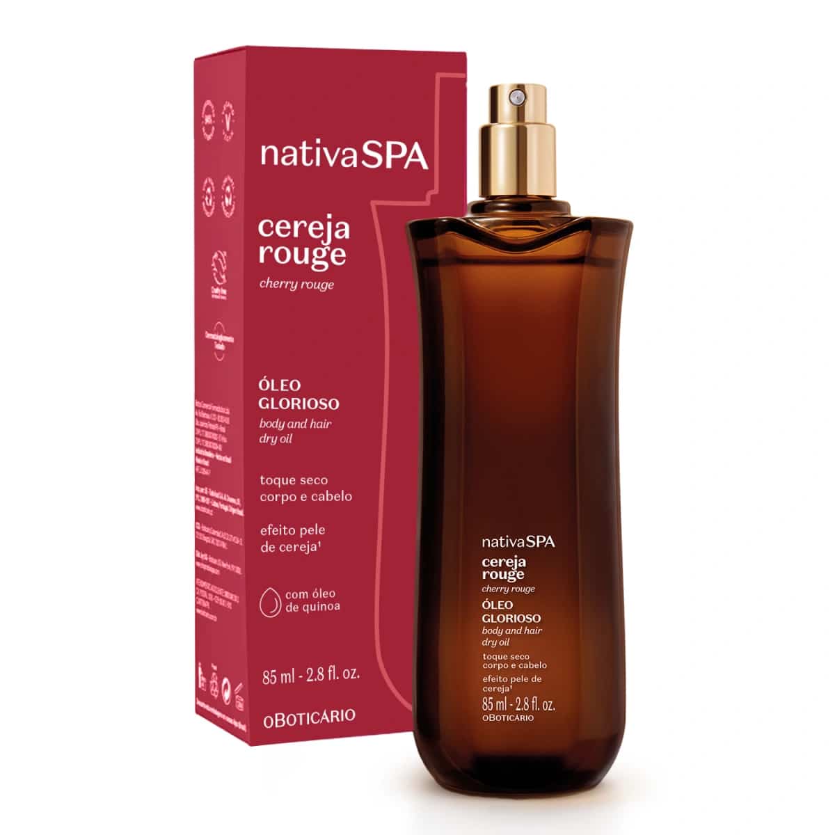 Óleo Glorioso Nativa SPA Cereja Rouge corpo e cabelo 85ml com embalagem e frasco