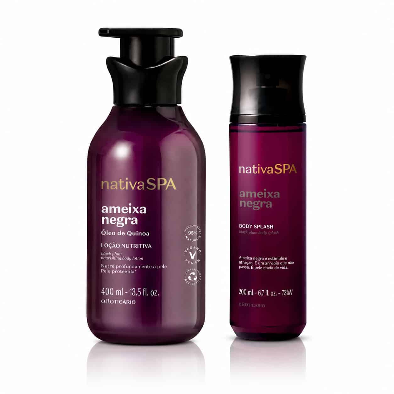 Kit Nativa SPA Ameixa Negra oBoticário com Loção Hidratante Corporal 400 ml e Body Splash 200 ml para hidratação e perfumação corporal envolvente.