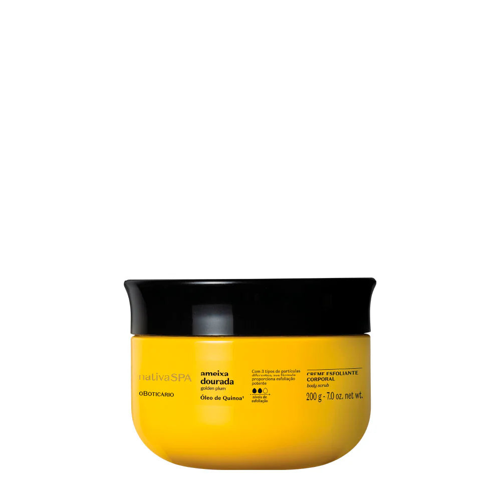 Creme Esfoliante Corporal Nativa SPA Ameixa Dourada 200g com óleo de quinoa e fragrância vibrante de ameixa dourada.