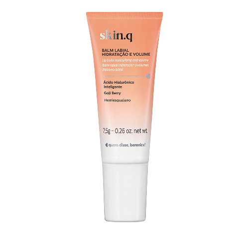 Balm labial Skin.q Hidratação e Volume em embalagem rosa clara com tampa branca