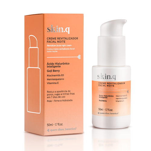 Creme Revitalizador Facial Noite Skin.q – 50ml – oBoticário, frasco branco com doseador e caixa laranja, com Ácido Hialurónico Inteligente, Goji Berry e Niacinamida.