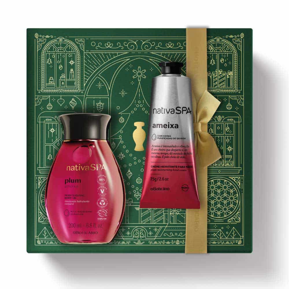 Kit de Natal Nativa SPA Óleo Ameixa do oBoticário — caixa verde com laço dourado, frascos vermelhos da linha Ameixa e creme de mãos prateado.