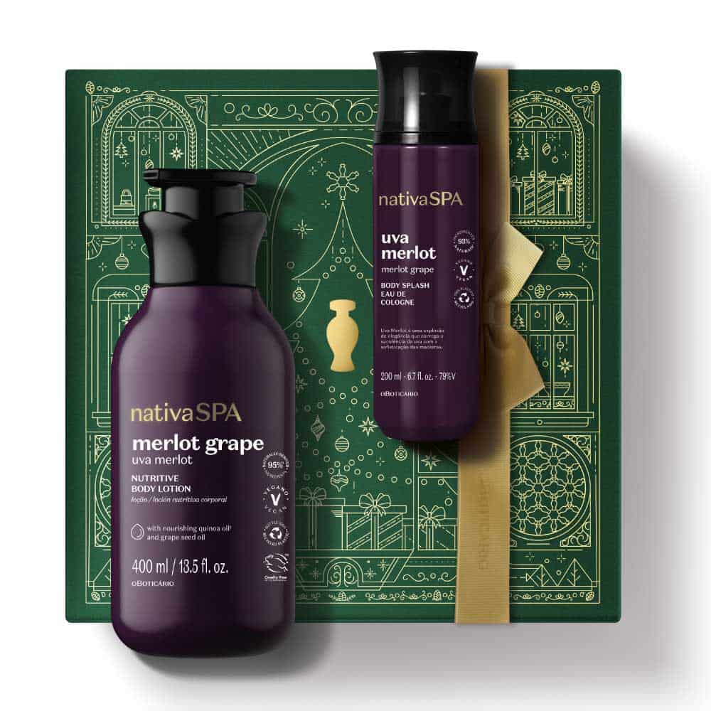Kit de Natal Nativa SPA Uva Merlot do oBoticário — caixa verde com laço dourado, frascos roxos da linha Uva Merlot, loção corporal e body splash.