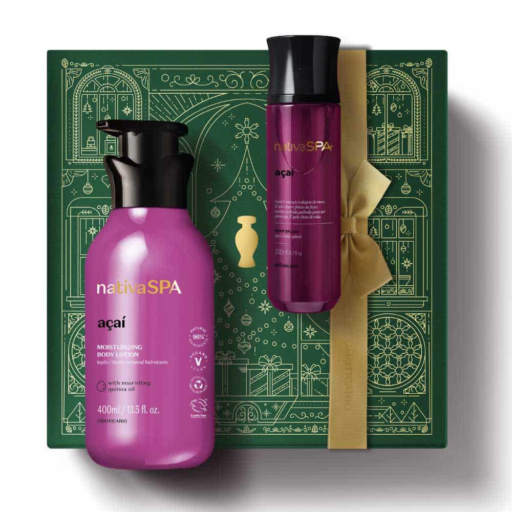 Kit de Natal Nativa SPA Açaí do oBoticário — caixa verde com laço dourado, frascos roxos da linha Açaí, loção corporal e body splash.