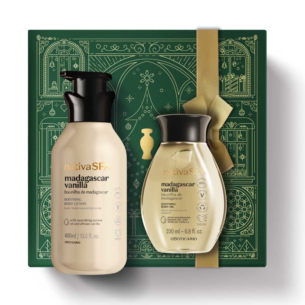 Kit de Natal Nativa SPA Baunilha de Madagáscar do oBoticário — caixa verde com laço dourado, frascos bege da linha Baunilha, loção corporal e óleo hidratante.