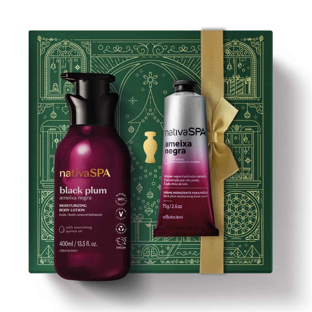 Kit de Natal Nativa SPA Ameixa Negra do oBoticário — caixa verde com laço dourado, frascos cor ameixa, loção corporal e creme de mãos.