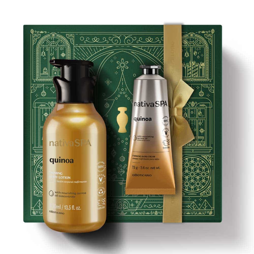 Kit de Natal Nativa SPA Quinoa do oBoticário — caixa verde com laço dourado, loção corporal e creme de mãos em tons dourados, fragrância quente e elegante.