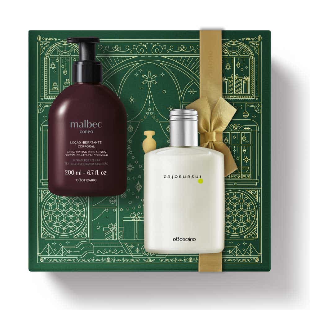 Kit de Natal oBoticário Insensatez + Malbec — caixa verde com laço dourado, frascos branco e castanho, perfume clássico e loção hidratante elegante.