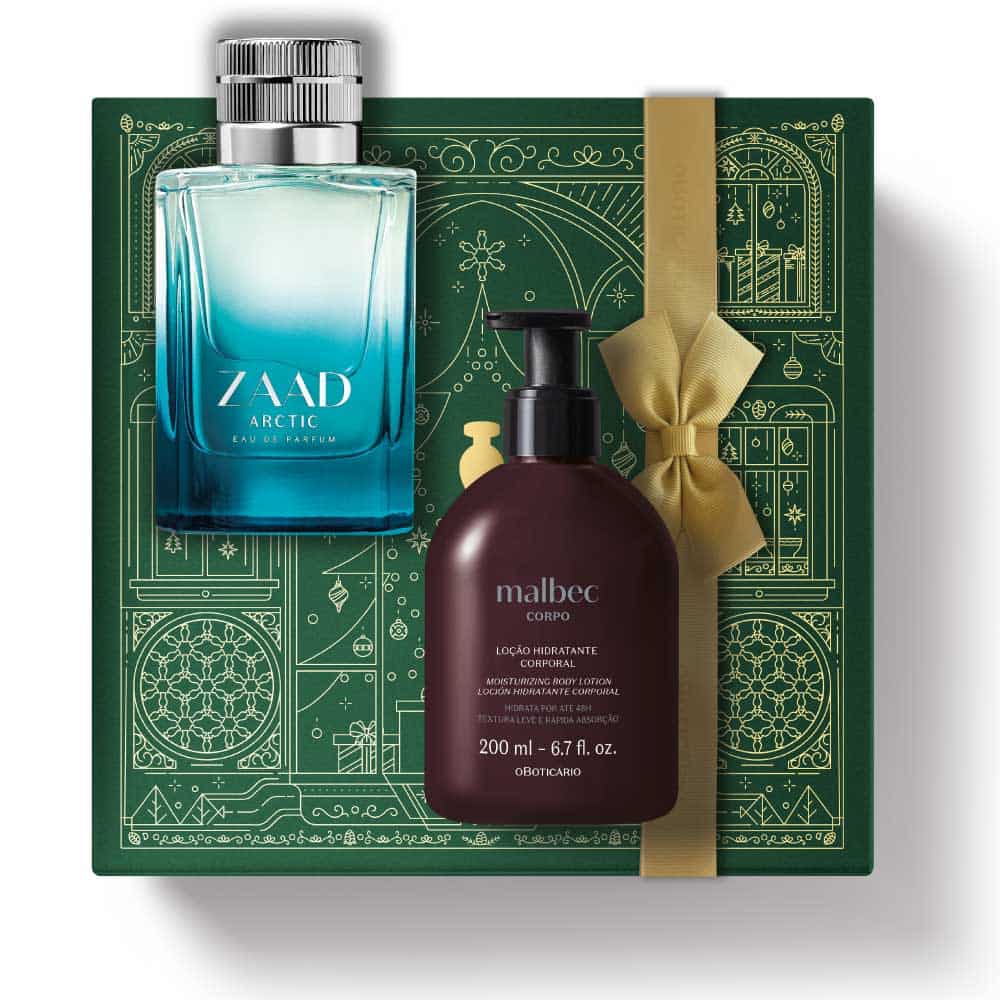 Kit de Natal oBoticário Zaad Arctic + Malbec — caixa verde com laço dourado, frasco azul do perfume e loção corporal castanha, presente masculino elegante.