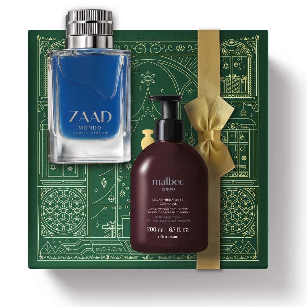 Kit de Natal oBoticário Zaad Mondo + Malbec — caixa verde com laço dourado, frasco azul do perfume e loção corporal castanha, presente masculino elegante.