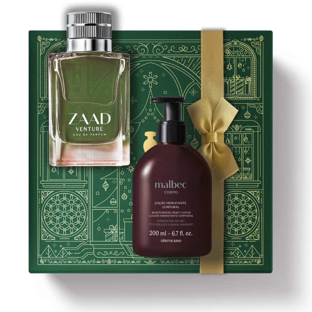 Kit de Natal oBoticário Zaad Venture + Malbec — caixa verde com laço dourado, frasco verde do perfume e loção corporal castanha, presente masculino elegante e aventureiro.