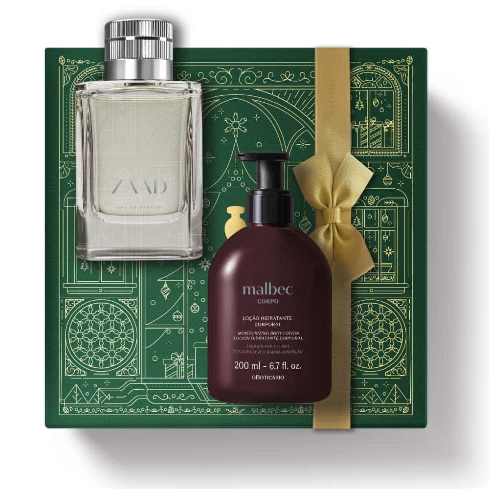 Kit de Natal oBoticário Zaad + Malbec — caixa verde com laço dourado, frasco transparente do perfume Zaad e loção corporal castanha Malbec, presente masculino sofisticado.