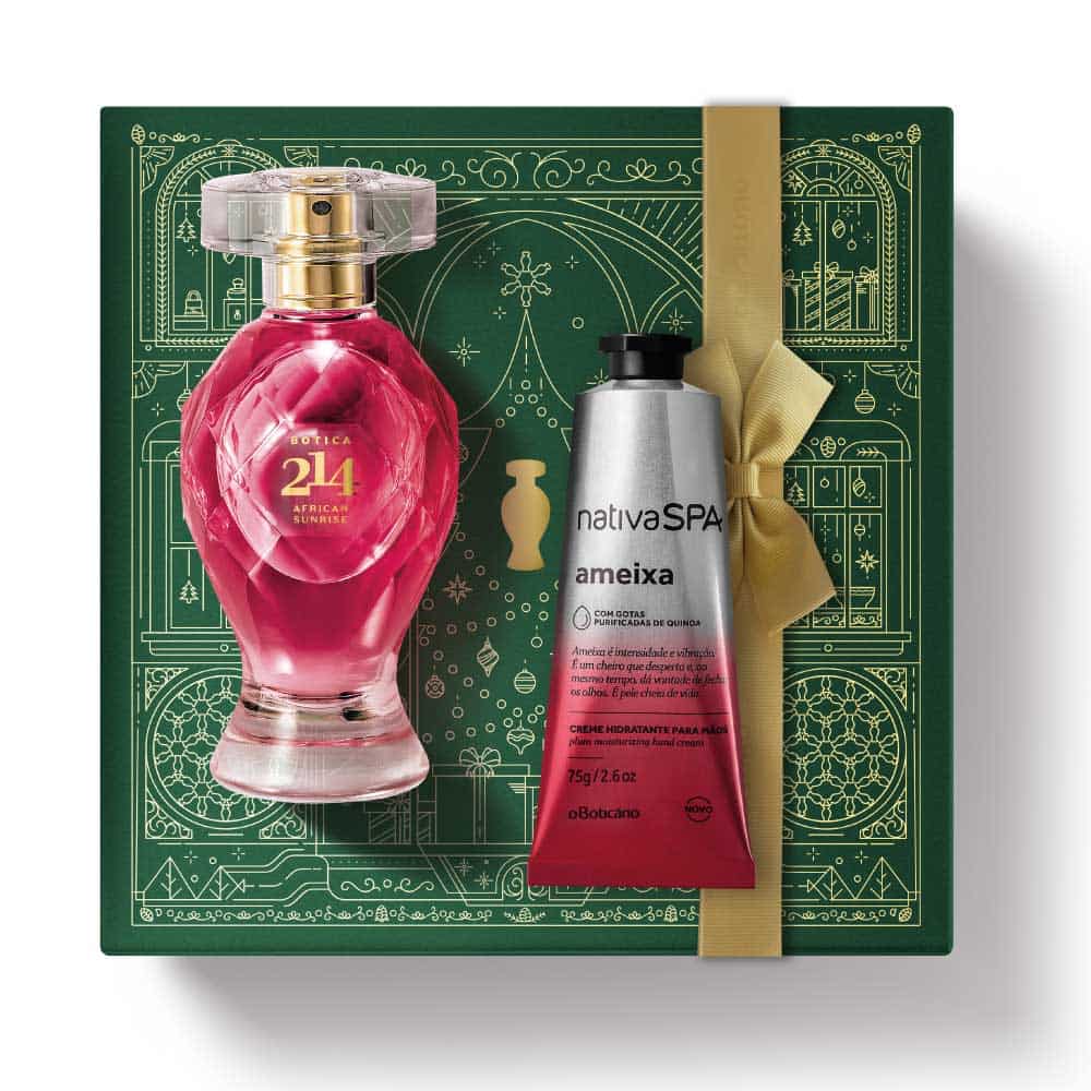 Kit de Natal oBoticário Botica 214 African Sunrise + Ameixa — caixa verde com laço dourado, perfume rosa elegante e creme de mãos prateado, presente feminino sofisticado.