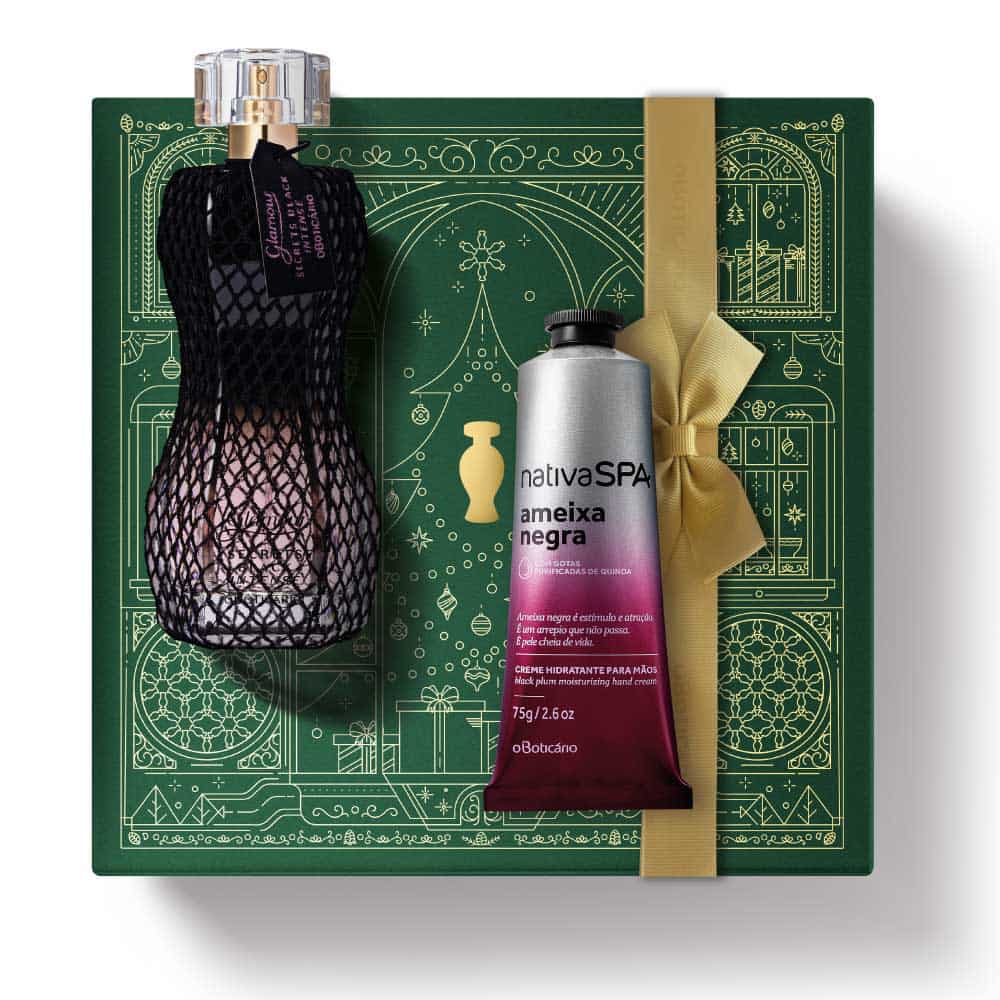 Kit de Natal oBoticário Glamour Secrets Black Intense + Ameixa Negra — caixa verde com laço dourado, perfume preto rendado e creme de mãos prateado, presente feminino sofisticado.
