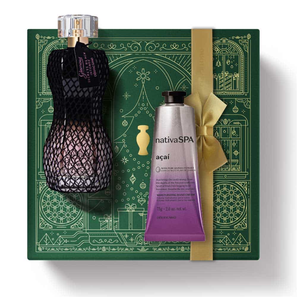 Kit de Natal oBoticário Glamour Secrets Black Intense + Açaí — caixa verde com laço dourado, perfume preto rendado e creme lilás, presente feminino sofisticado.