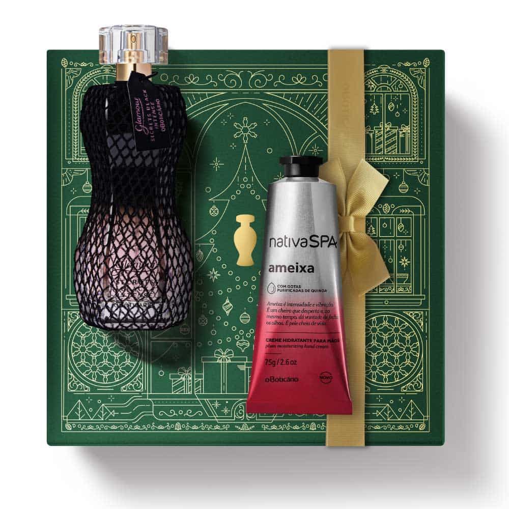 Kit de Natal oBoticário Glamour Secrets Black Intense + Ameixa — caixa verde com laço dourado, perfume preto rendado e creme de mãos vermelho, presente feminino elegante.