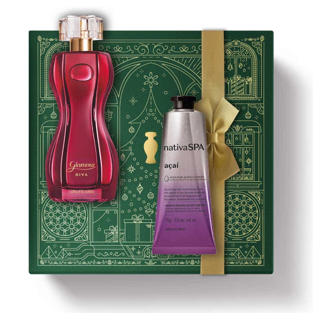 Kit de Natal oBoticário Glamour Diva + Açaí — caixa verde com laço dourado, perfume vermelho e creme de mãos lilás, presente feminino elegante e vibrante.