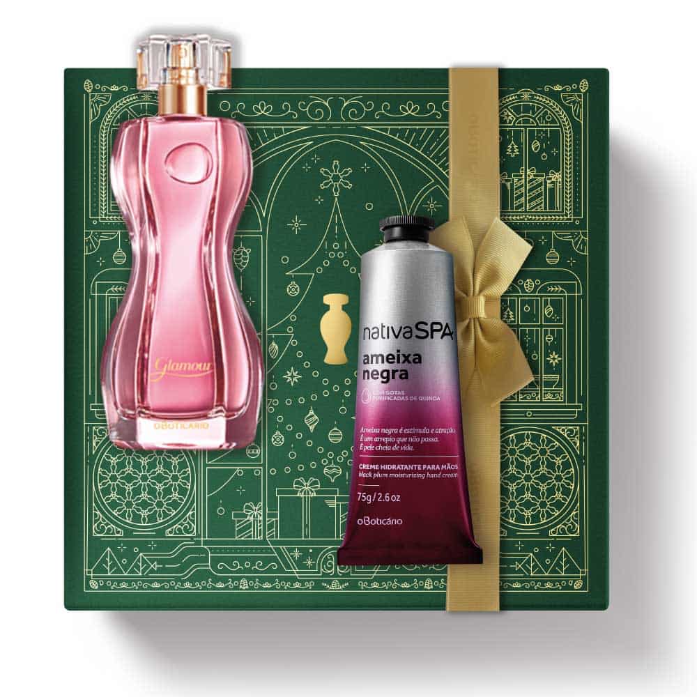Kit de Natal oBoticário Glamour + Ameixa Negra — caixa verde com laço dourado, perfume rosa e creme de mãos ameixa negra, presente feminino elegante e marcante.