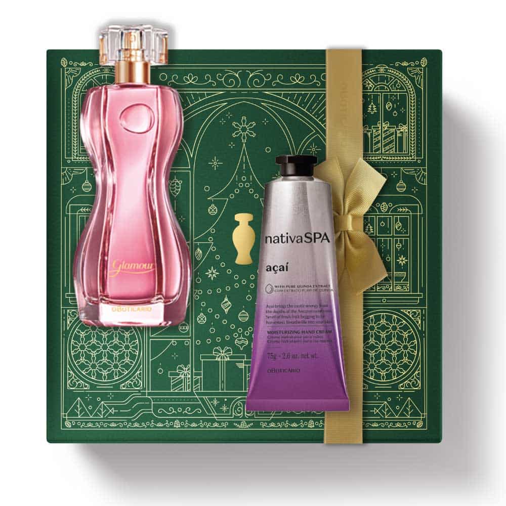 Kit de Natal oBoticário Glamour + Açaí — caixa verde com laço dourado, perfume rosa e creme de mãos lilás, presente feminino elegante e fresco.