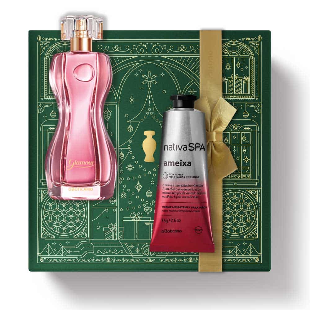 Kit de Natal oBoticário Glamour + Ameixa — caixa verde com laço dourado, perfume rosa e creme de mãos ameixa, presente feminino elegante e vibrante.