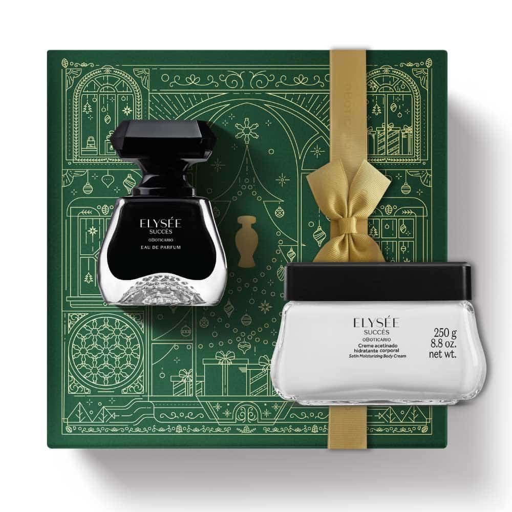 Kit de Natal Elysée Succès d’O Boticário, com perfume Eau de Parfum e creme hidratante acetinado, apresentado em elegante caixa verde com laço dourado.