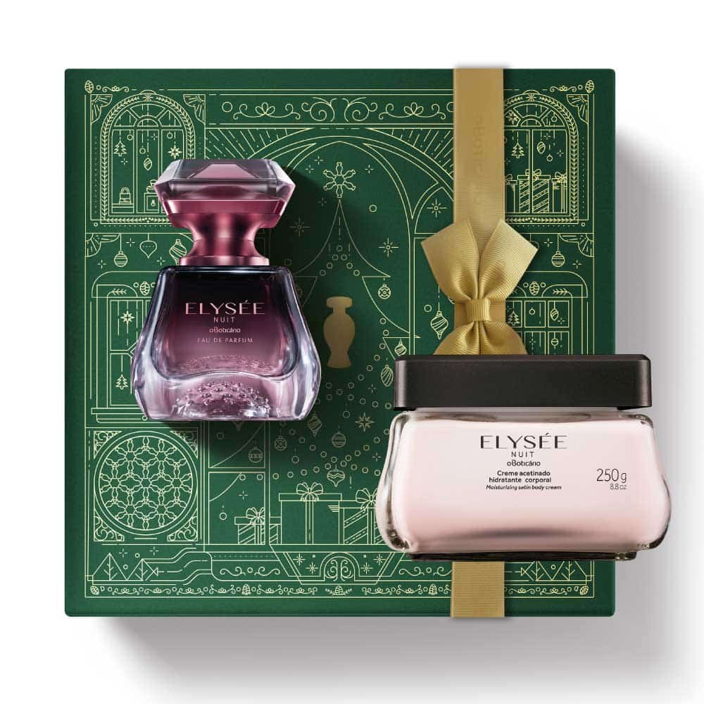 Kit de Natal oBoticário Elysée Nuit — caixa verde com laço dourado, perfume roxo e creme acetinado rosa, presente feminino elegante e luxuoso.