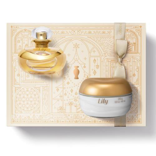 Kit de Natal oBoticário Lily Acetinado — caixa dourada ilustrada com laço acetinado, perfume Lily Eau de Parfum e creme hidratante Lily, presente feminino sofisticado.