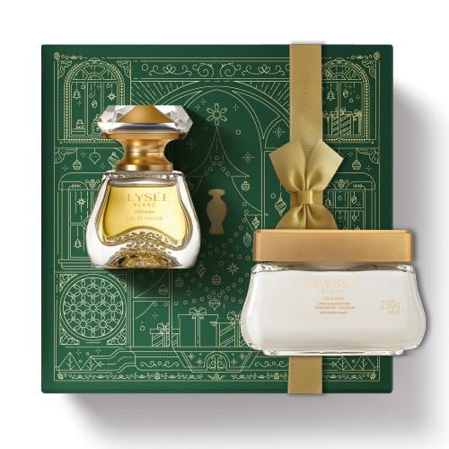 Kit de Natal oBoticário Elysée Blanc — caixa verde decorada com laço dourado, perfume Elysée Blanc dourado e creme acetinado, presente feminino luxuoso e sofisticado.