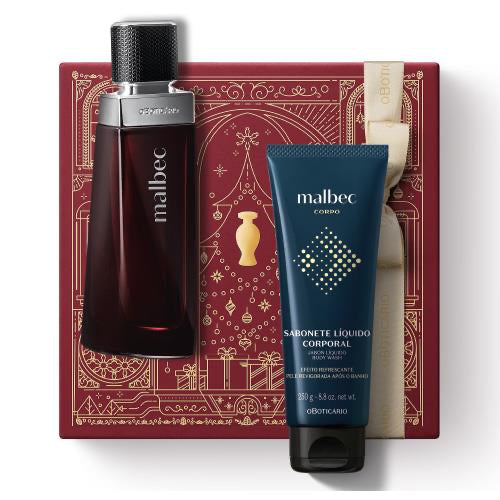 Kit de Natal oBoticário Malbec — caixa vermelha com laço dourado, perfume Malbec e gel de banho corpo e cabelo Malbec Club, presente masculino elegante e sofisticado.