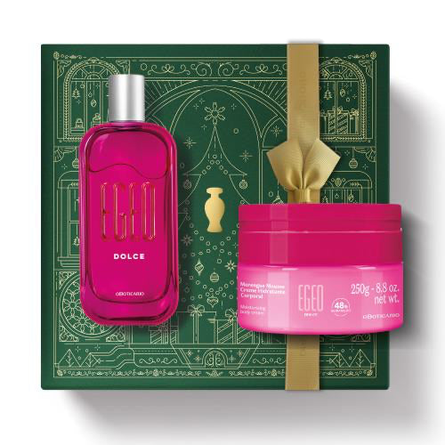 Kit de Natal Egeo Dolce do oBoticário — caixa verde com laço dourado, perfume rosa de 90 ml e mousse corporal rosa de 250 g, presente feminino doce e vibrante.