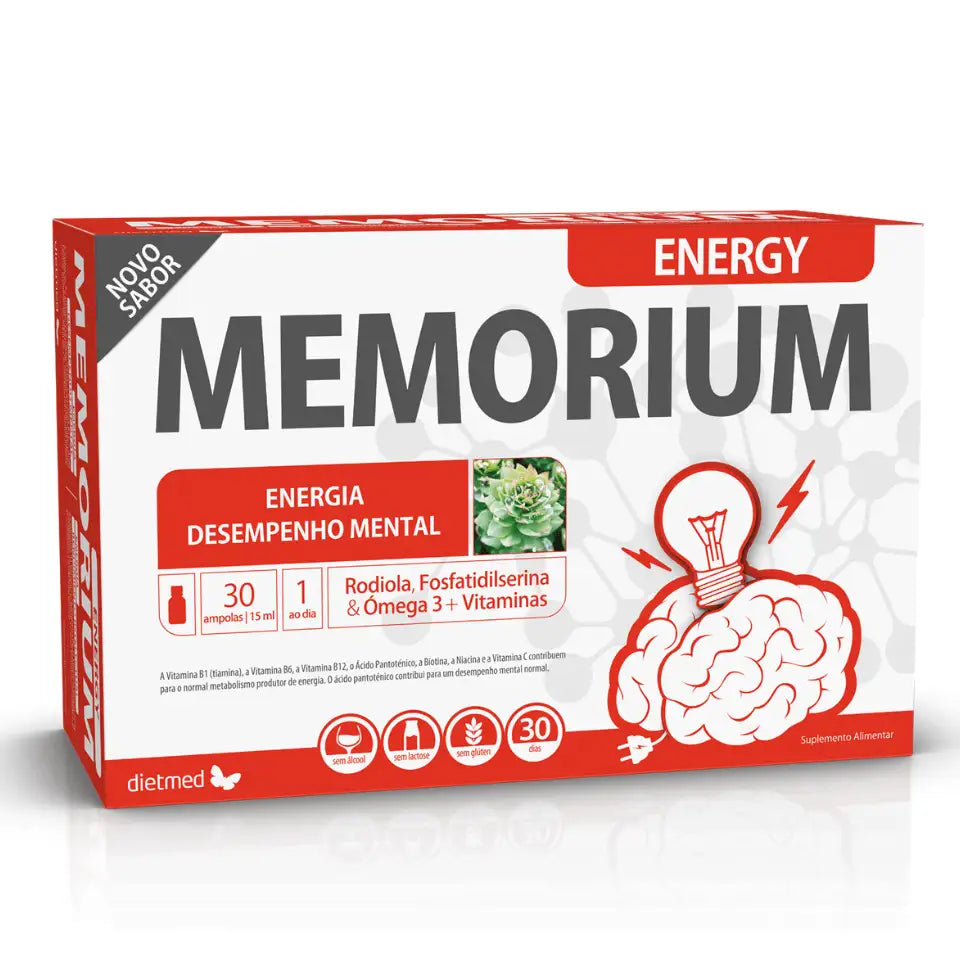 Embalagem branca e vermelha de Memorium Energy Dietmed, com 30 ampolas bebíveis de 15 ml.
