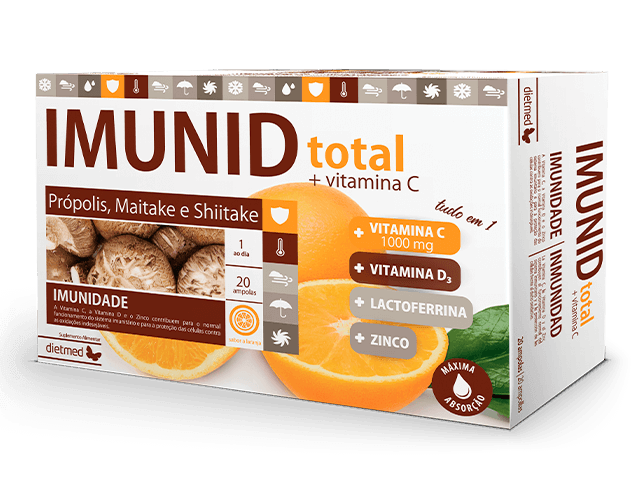 Caixa de Imunid Total + Vitamina C Dietmed com 20 ampolas bebíveis de 15 ml, decorada com laranjas e cogumelos maitake e shiitake.