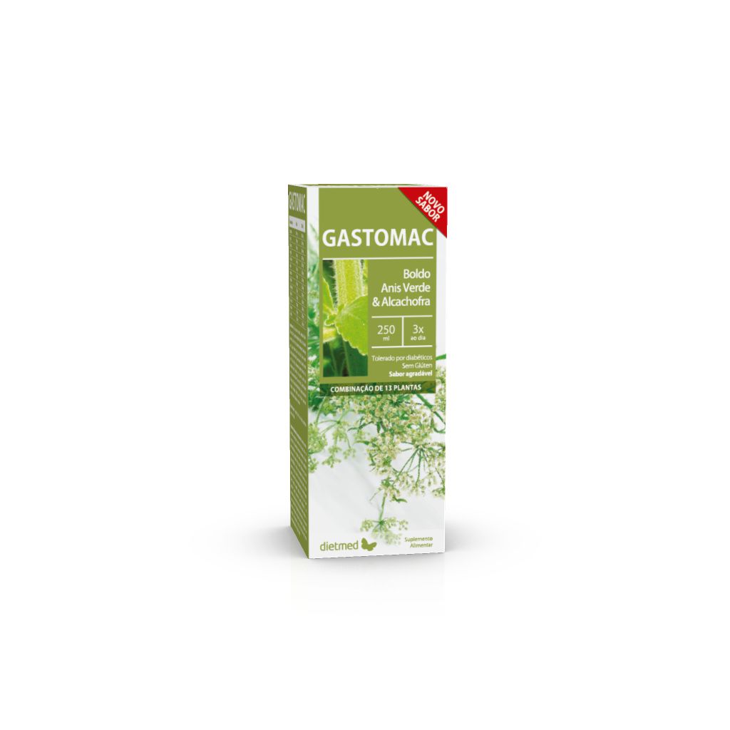 Embalagem retangular de Gastomac Dietmed, solução oral de 250 ml, com ilustração de plantas em tons de verde e branco.