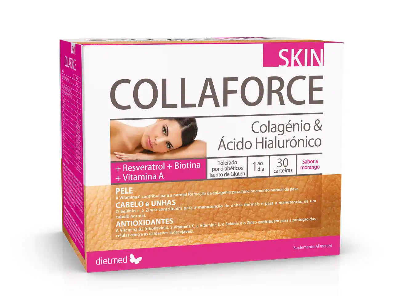 Collaforce Skin Dietmed 30 carteiras de colagénio hidrolisado com ácido hialurónico, vitaminas, minerais e antioxidantes para pele, cabelo e unhas.