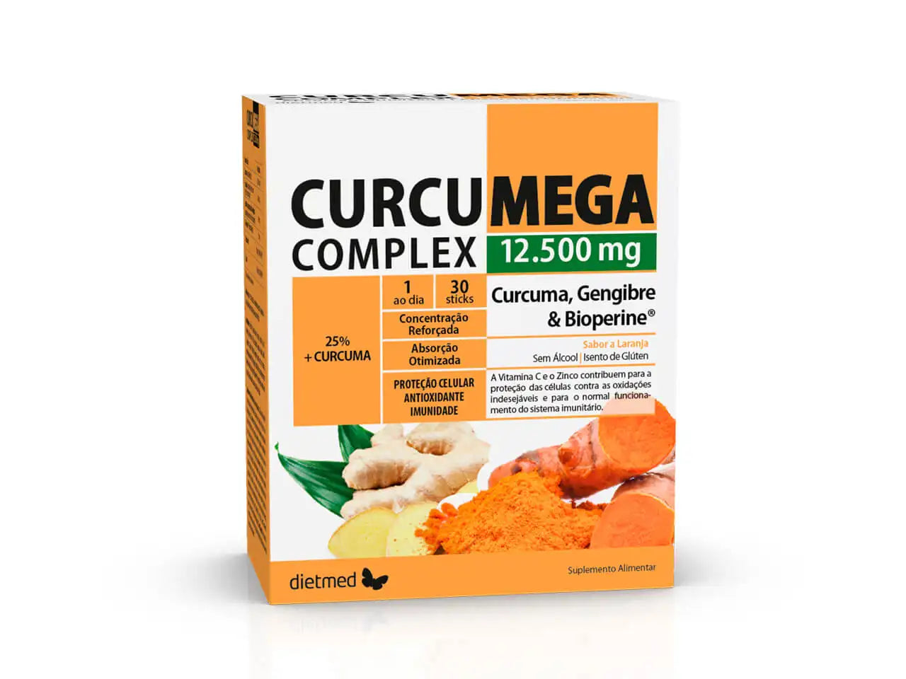 Embalagem de Curcumega Complex 12.500 mg da Dietmed, caixa com 30 sticks de cúrcuma, gengibre e Bioperine, sabor a laranja.