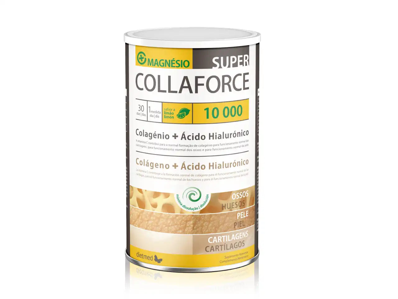Collaforce Super Limão Dietmed 450 g com colagénio hidrolisado, magnésio, vitamina C, vitamina D e ácido hialurónico para cartilagens, ossos e pele.