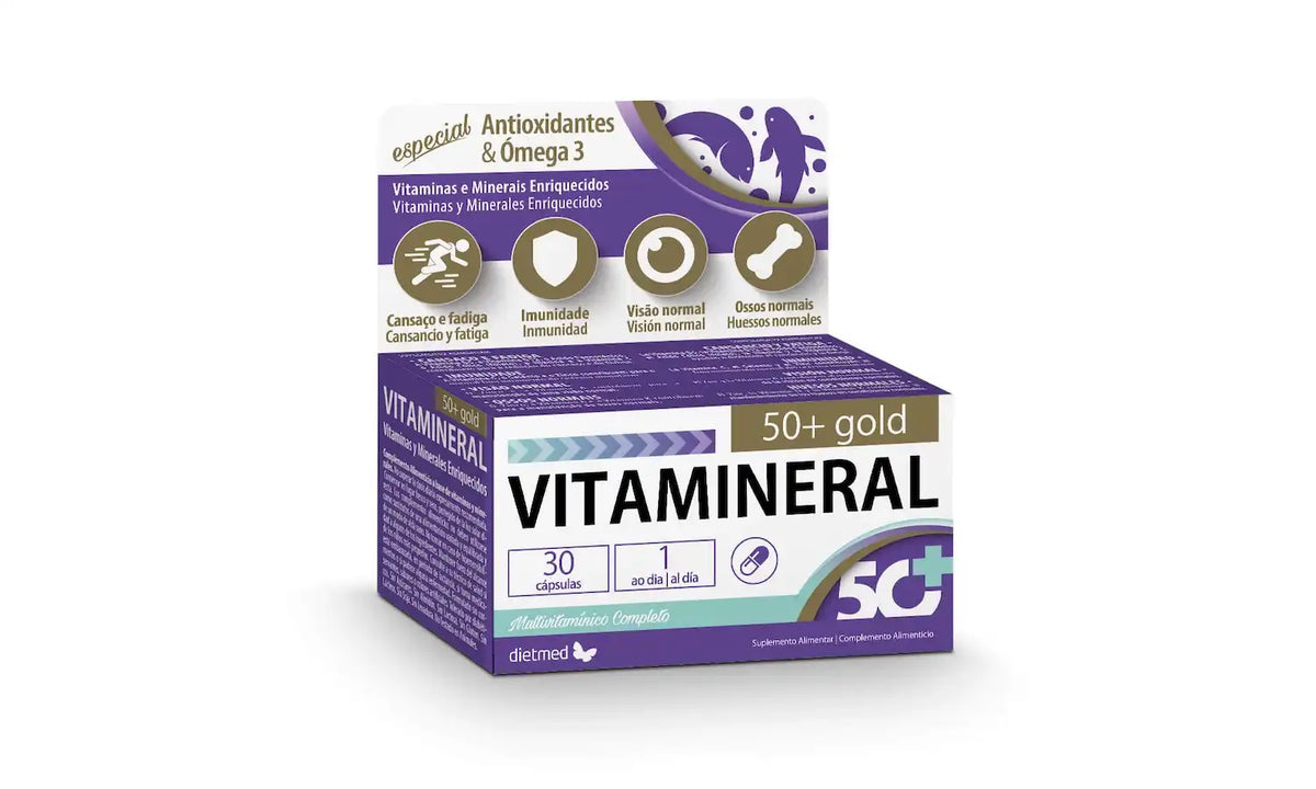 Embalagem de Vitamineral 50+ Gold, suplemento de 30 cápsulas, em caixa branca e roxa com indicação de antioxidantes e ómega 3.
