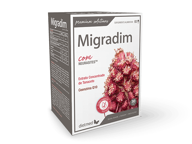 Embalagem de cartão branca e cinzenta de Migradim Dietmed, com ilustração floral rosa na frente.