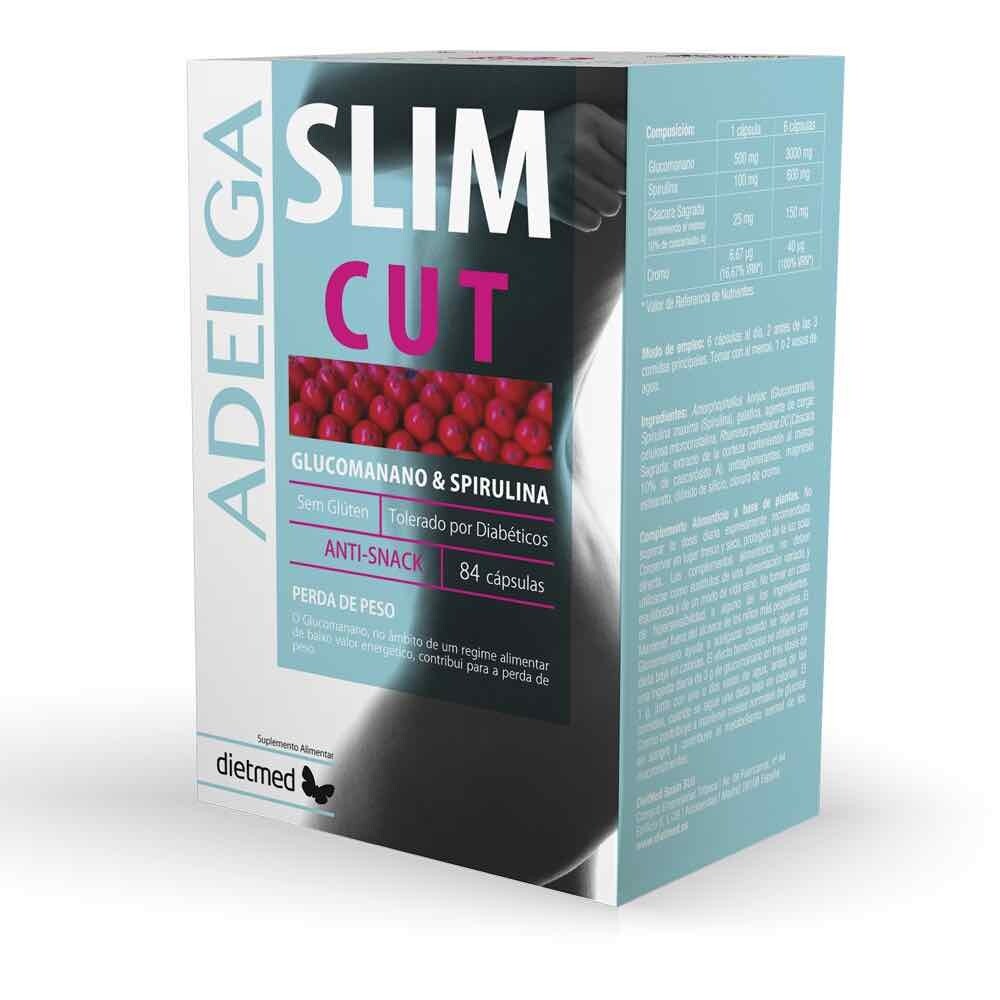 Embalagem de ADELGASLIM CUT Dietmed, suplemento alimentar de glucomanano e spirulina, com 84 cápsulas.