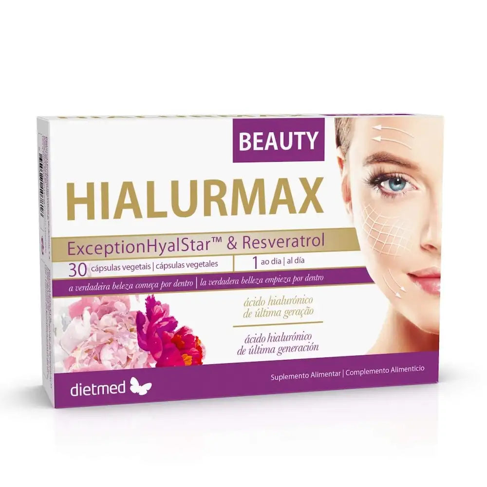 Embalagem branca, dourada e roxa de HIALURMAX Beauty, suplemento alimentar de 30 cápsulas, apresentada em perspetiva.