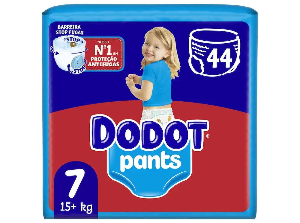 Embalagem de fraldas-cueca Dodot Pants T7, 15+ kg, com 44 unidades