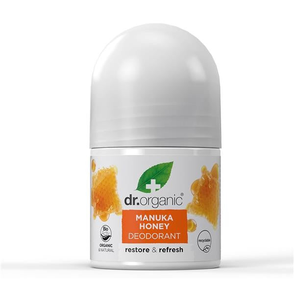 Frasco Branco com informação laranja - Desodorizante Mel Manuka Dr Organic