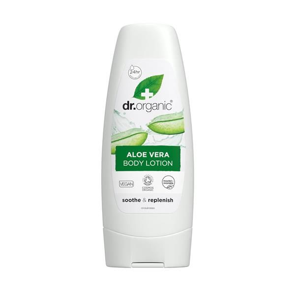 Bisnaga branca de loção corporal com aloé vera bio, com tampa branca e rótulo verde, apresentação de 200 ml.