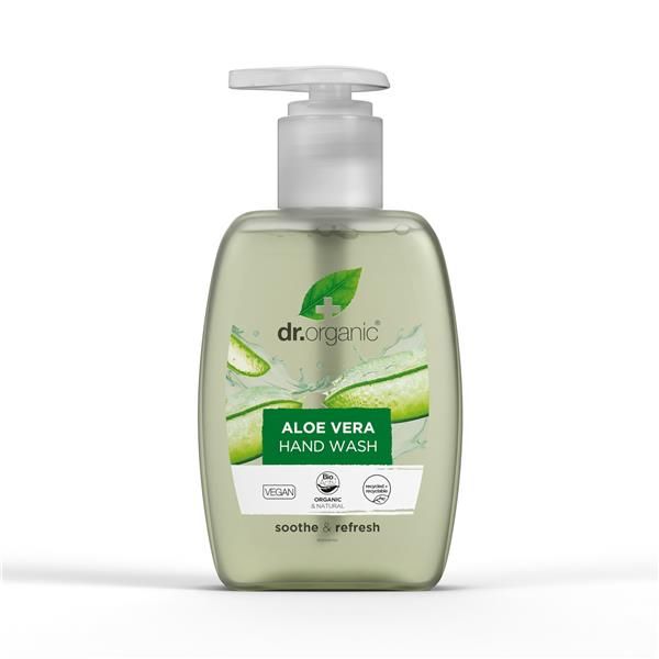 Frasco transparente de sabonete líquido Dr. Organic Aloé Vera, com líquido verde-claro, doseador prateado e rótulo verde frontal, 250 ml.